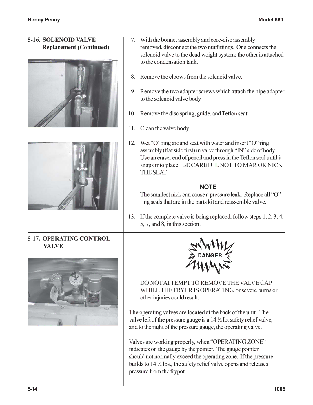 Henny Penny 680 KFC manual Solenoid Valve, Replacement, Seat, Operating Control Valve 
