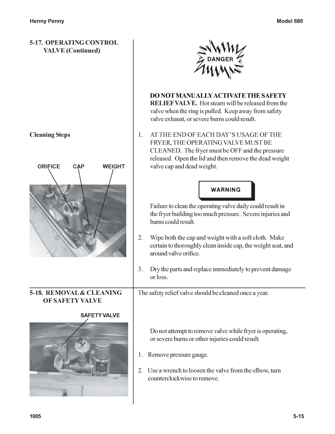 Henny Penny 680 KFC manual Operating Control, Do not Manuallyactivate the Safety, Removal & Cleaning, Safety Valve 