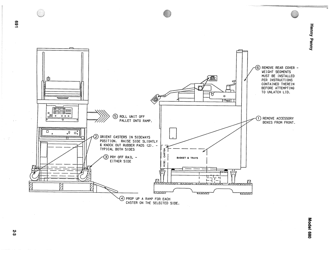 Henny Penny 680 KFC manual Roll Unit Off Pallet Onto Ramp, Orient Casters In Sideways, Typical Both Sides, To Unlatch Lid 