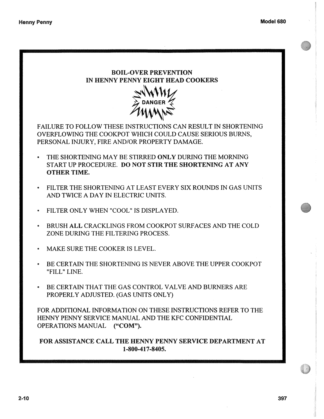 Henny Penny 680 service manual Shortening MAY Start UP Procedure 