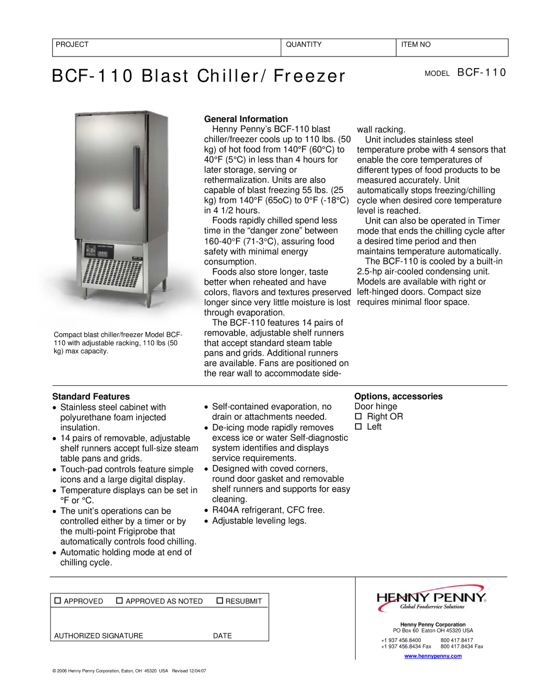 Henny Penny manual BCF-110 Blast Chiller/Freezer, Model BCF-110, General Information, Standard Features 