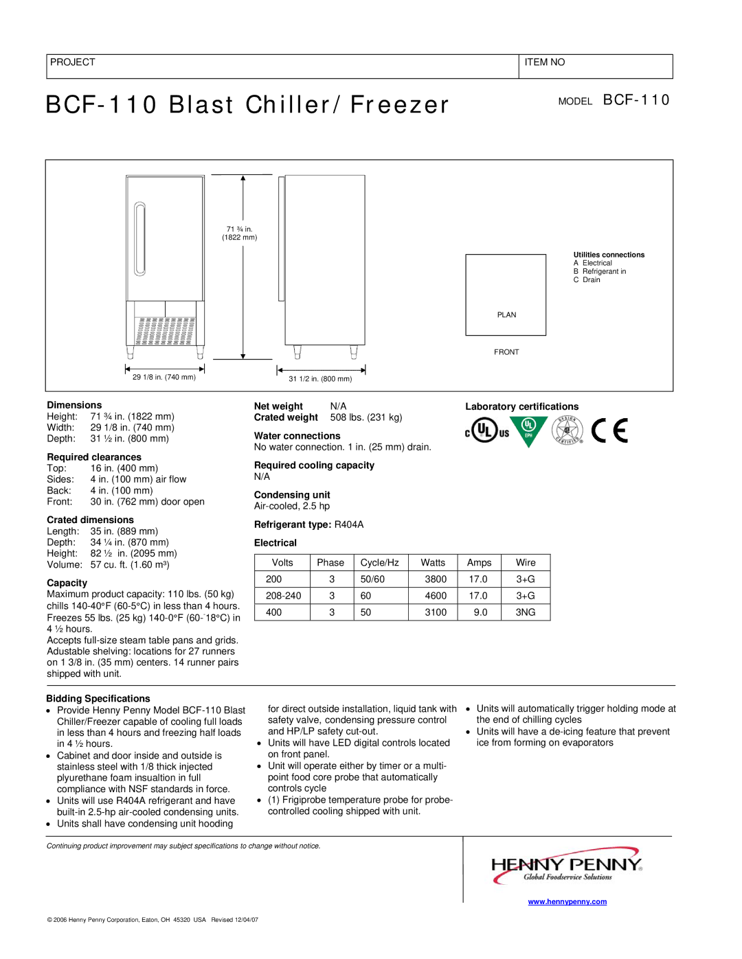 Henny Penny BCF-110 manual Dimensions, Required clearances, Crated dimensions, Capacity, Net weight, Bidding Specifications 