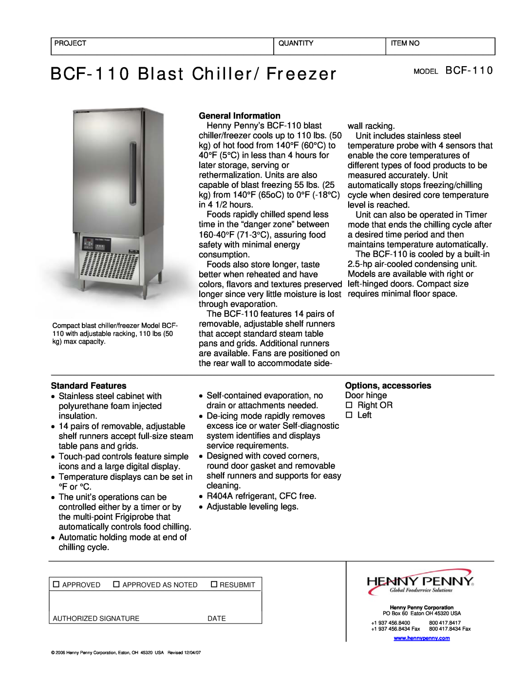 Henny Penny manual BCF-110Blast Chiller/Freezer, MODEL BCF-110, General Information, Standard Features 