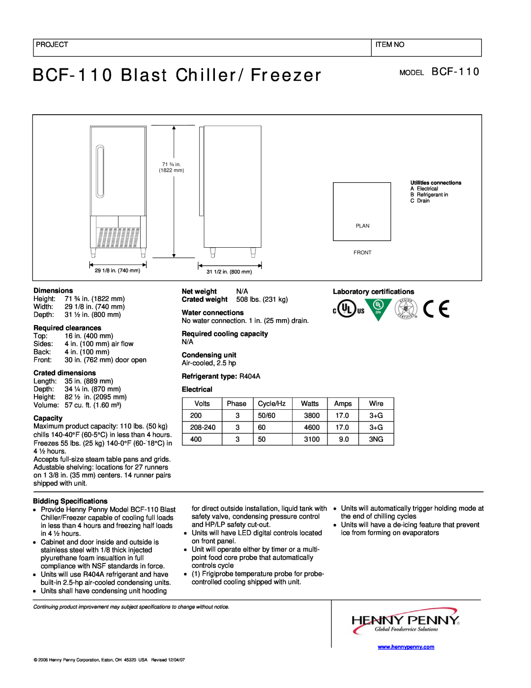 Henny Penny manual BCF-110Blast Chiller/Freezer, MODEL BCF-110, Dimensions 