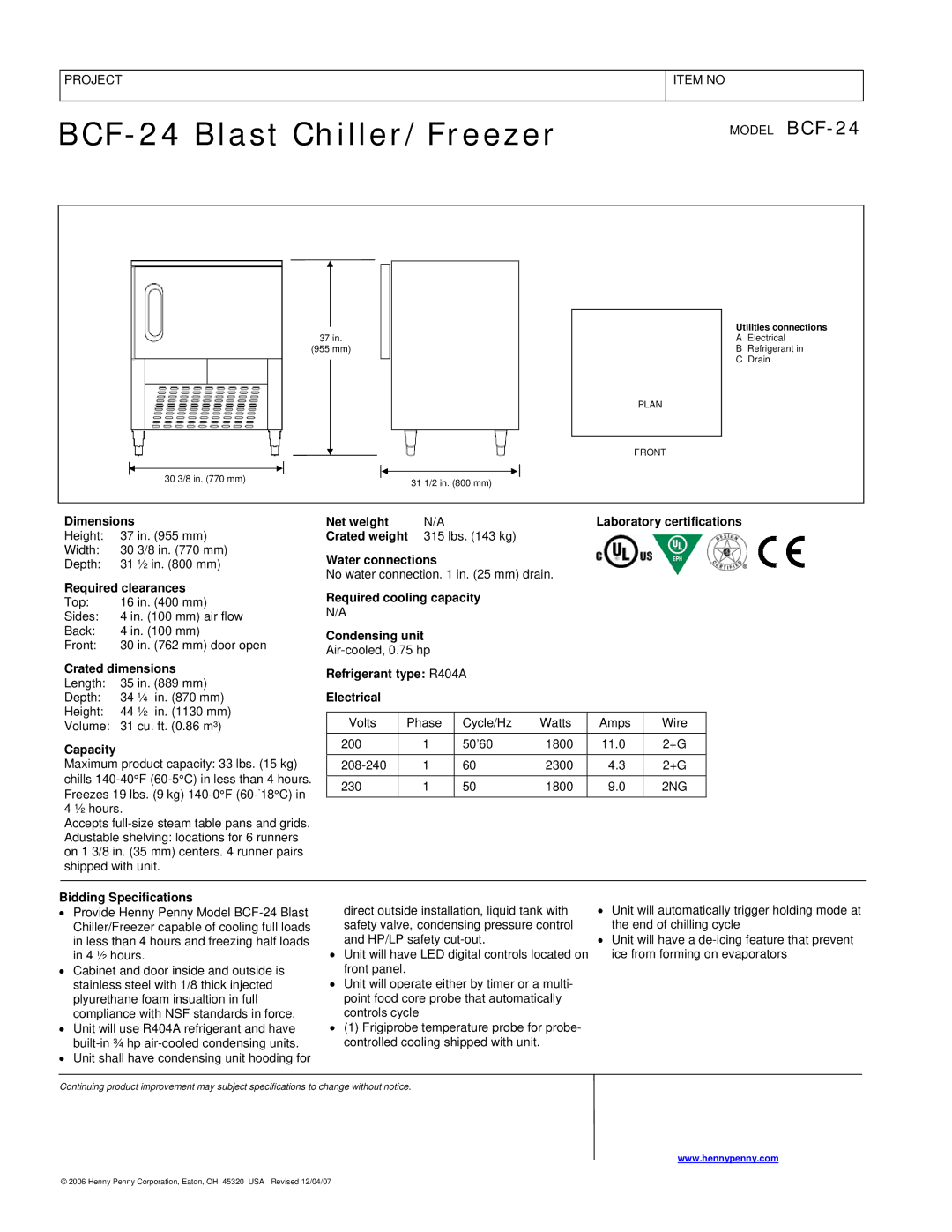 Henny Penny BCF-24 manual Dimensions, Required clearances, Crated dimensions, Capacity, Net weight, Bidding Specifications 