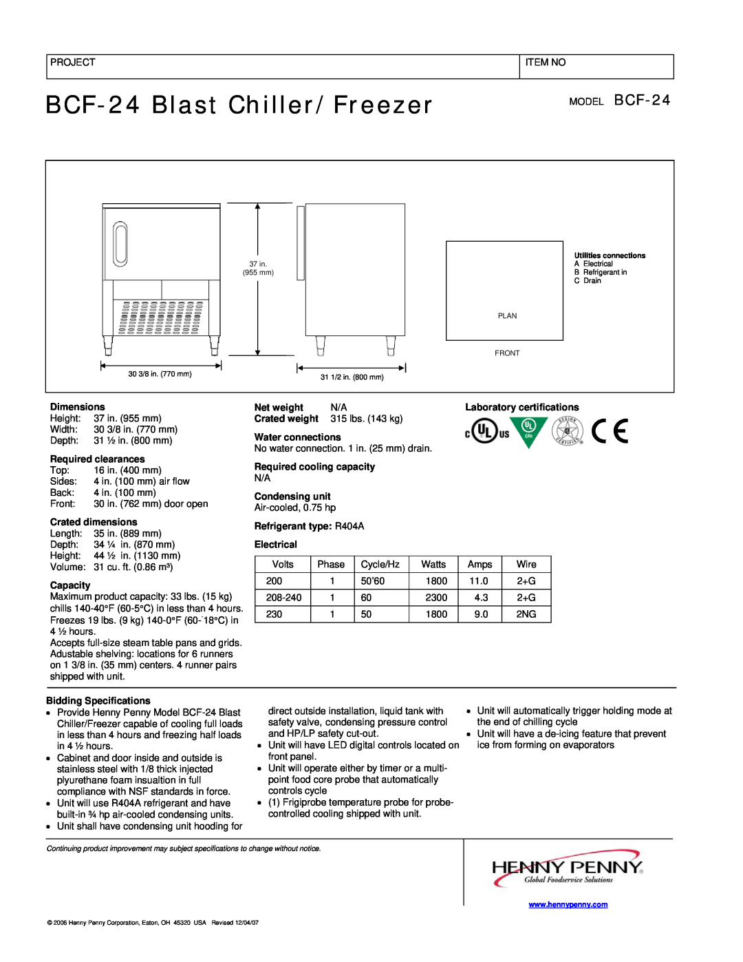 Henny Penny manual BCF-24Blast Chiller/Freezer, Dimensions 