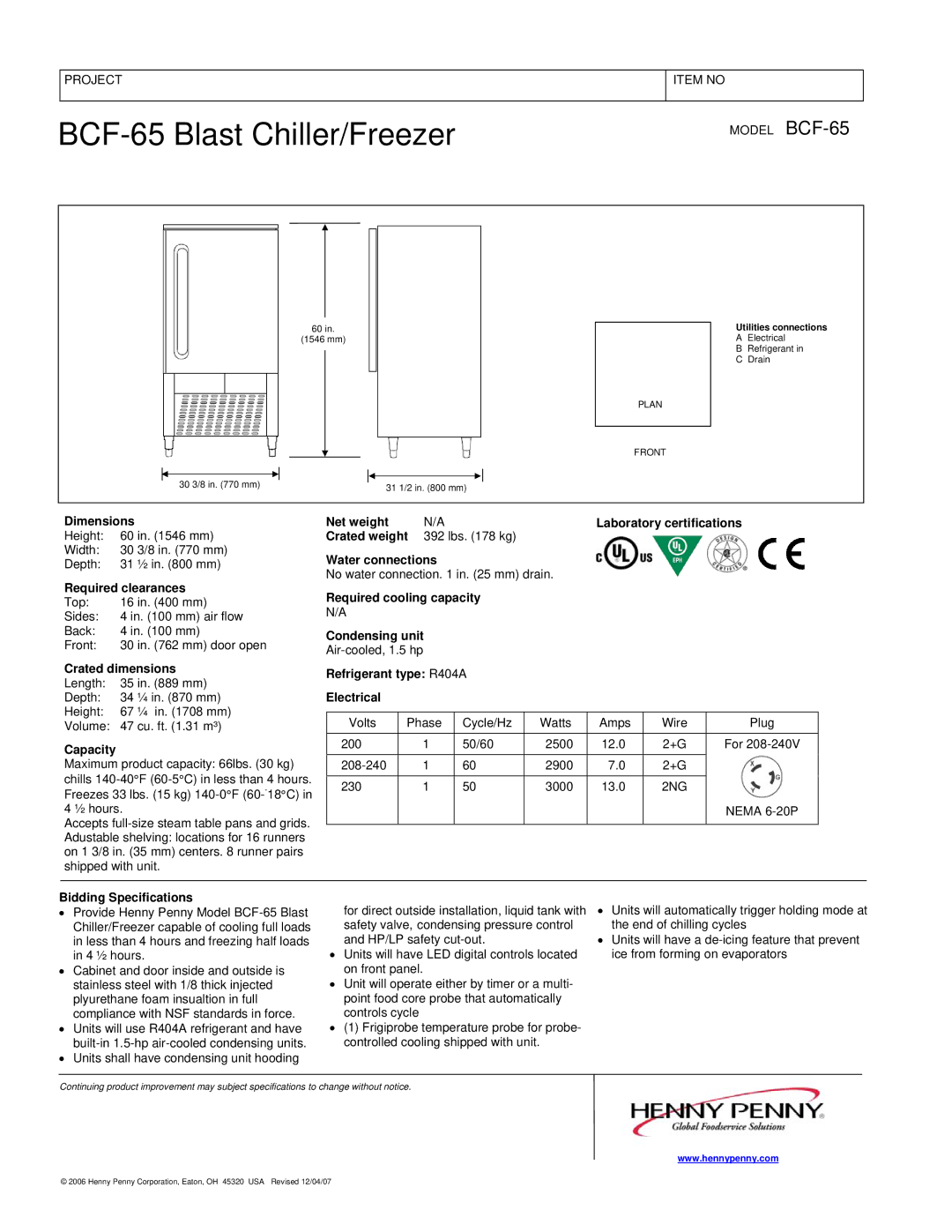 Henny Penny BCF-65 manual Dimensions, Required clearances, Crated dimensions, Capacity, Net weight, Bidding Specifications 