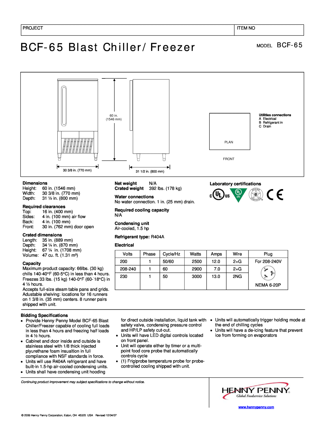 Henny Penny manual BCF-65Blast Chiller/Freezer, Dimensions 