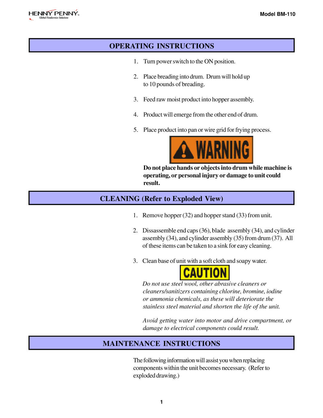 Henny Penny BM-110 operating instructions Operating Instructions, Cleaning Refer to Exploded View 