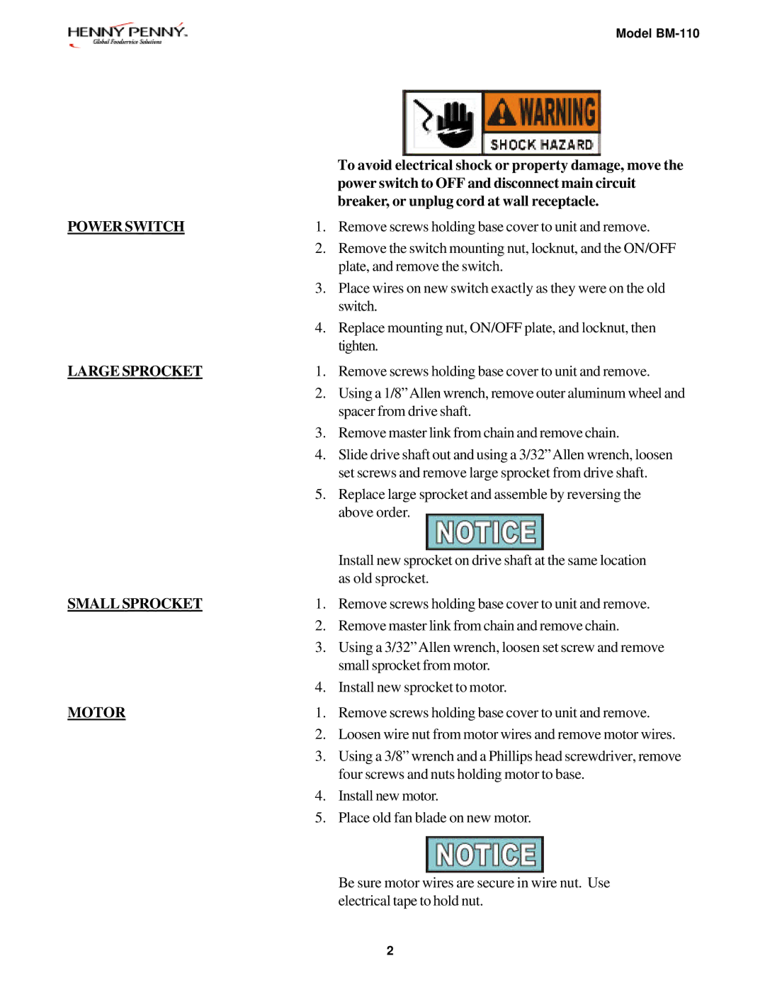 Henny Penny BM-110 operating instructions Power Switch, Large Sprocket, Small Sprocket, Motor 