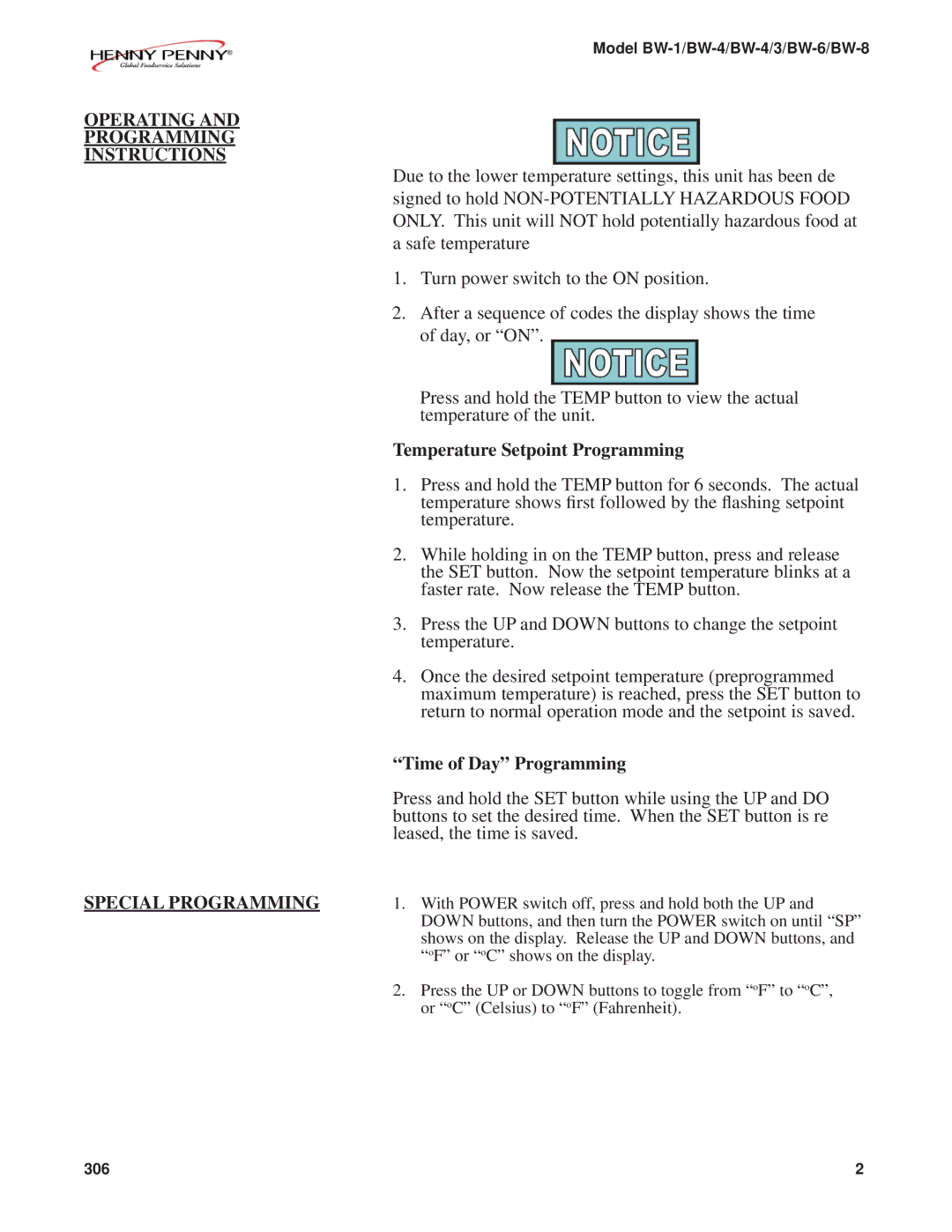 Henny Penny BW-4 manual Operating Programming Instructions, Temperature Setpoint Programming, Time of Day Programming 