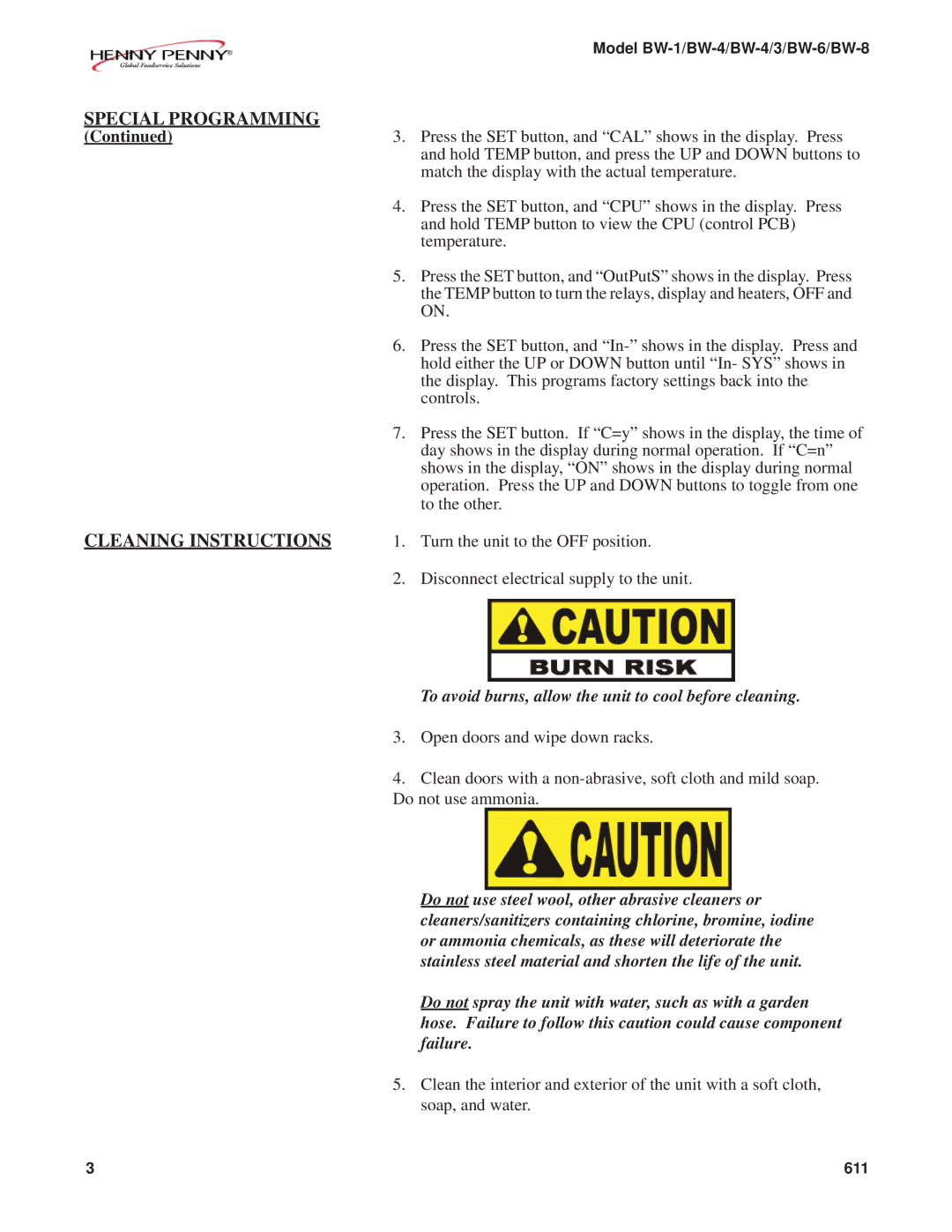 Henny Penny BW-8, BW-6, BW-1, BW-4/3 manual Cleaning Instructions 