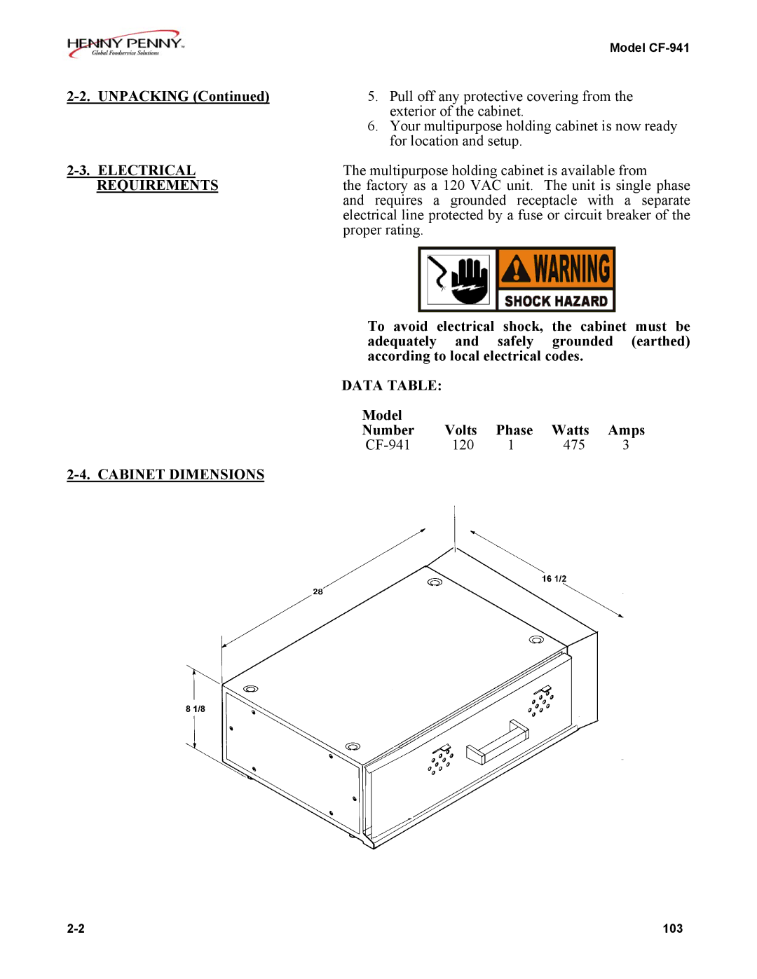 Henny Penny CF-941 warranty Electrical, Requirements, Data Table, Cabinet Dimensions 