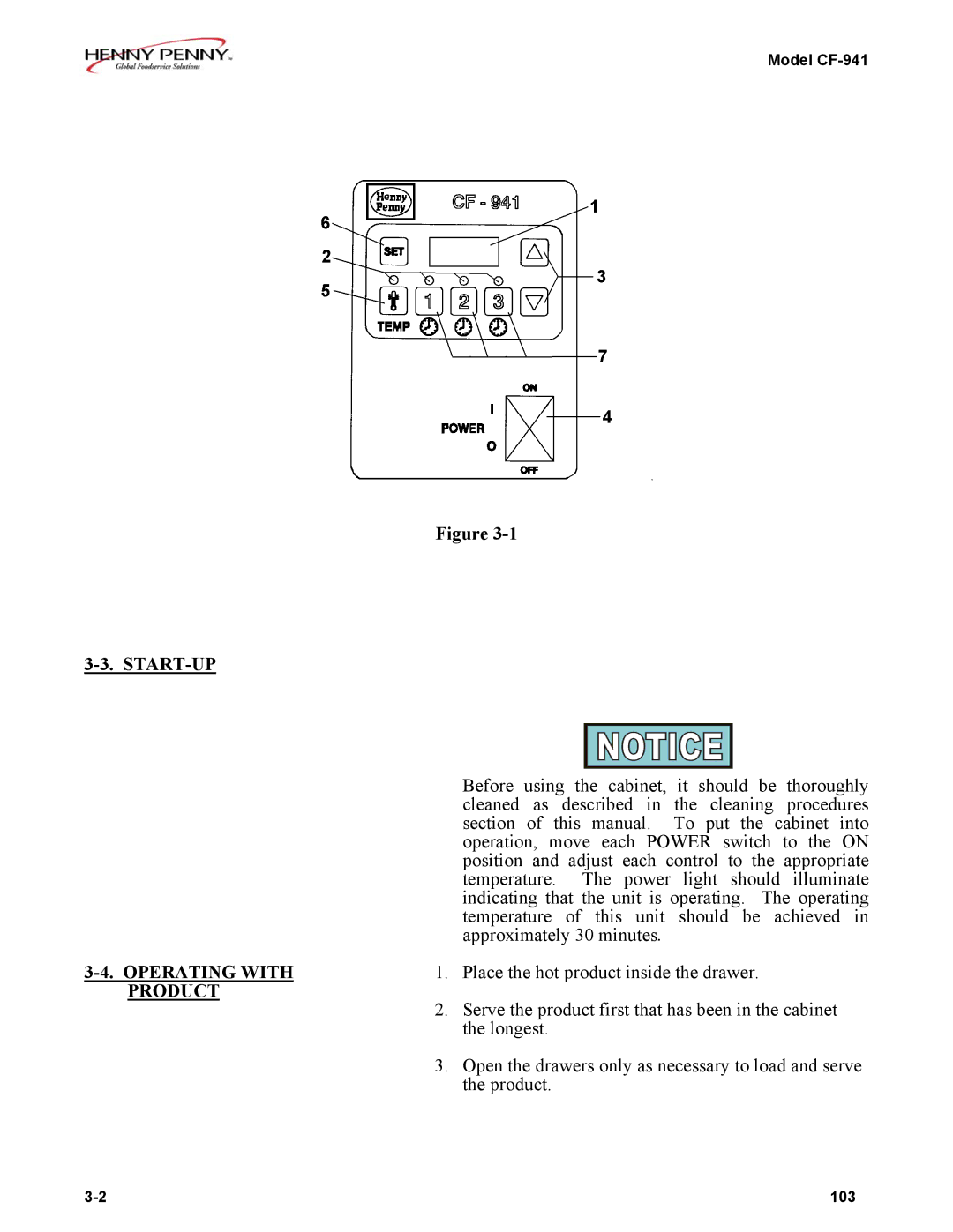 Henny Penny CF-941 warranty Start-Up, Operating with, Product 