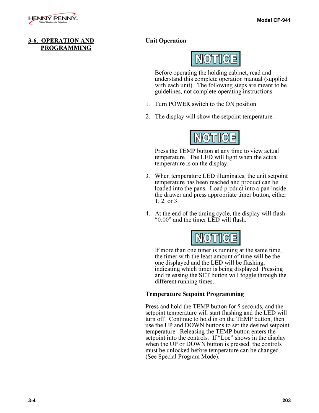 Henny Penny CF-941 warranty Unit Operation, Temperature Setpoint Programming 