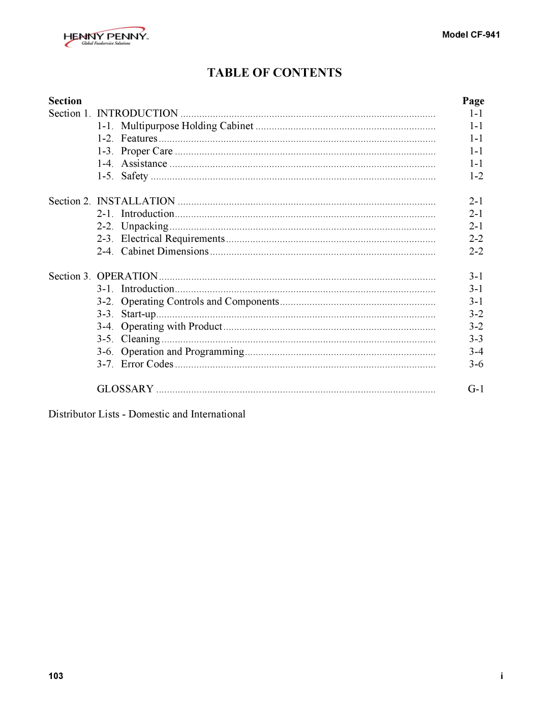 Henny Penny CF-941 warranty Table of Contents 