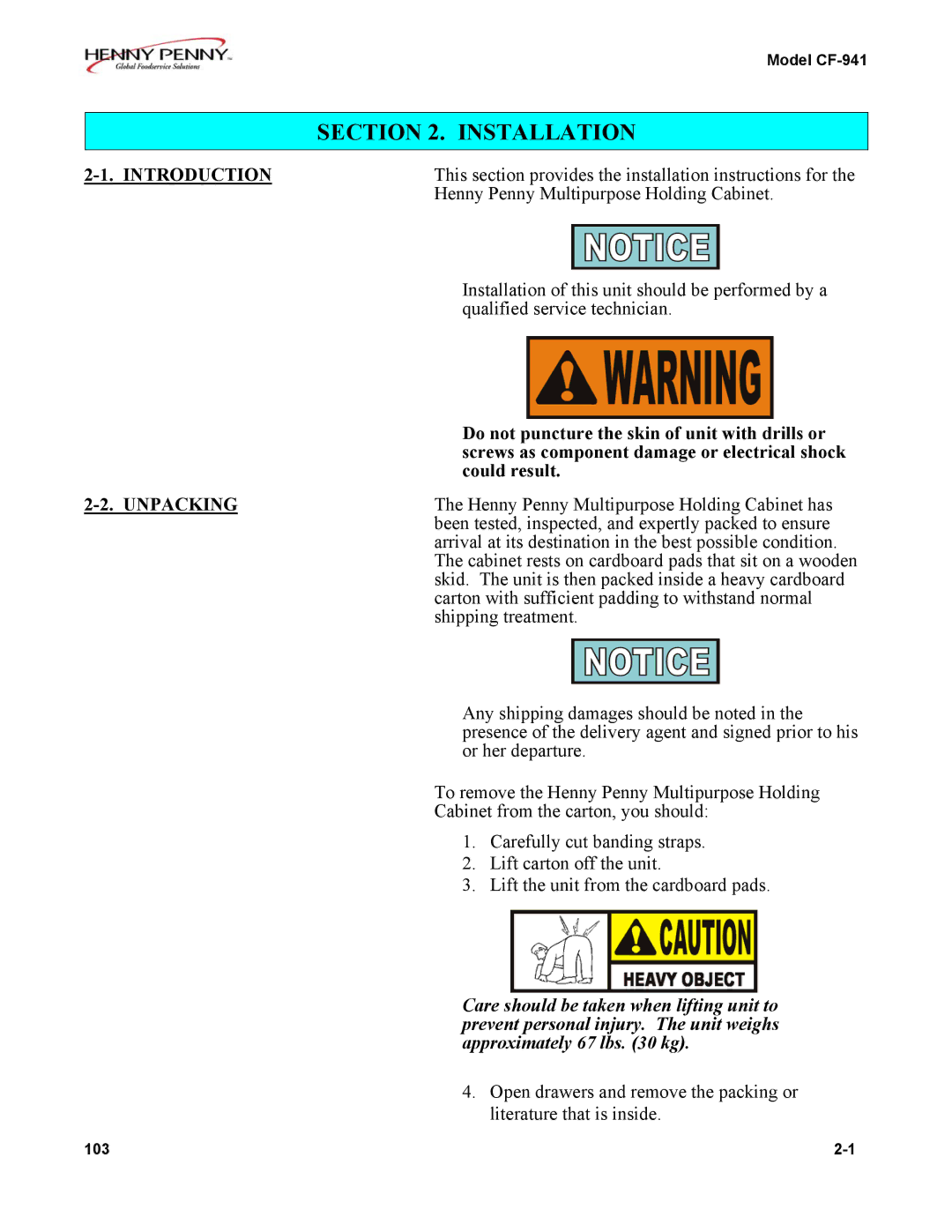 Henny Penny CF-941 warranty Introduction, Unpacking 