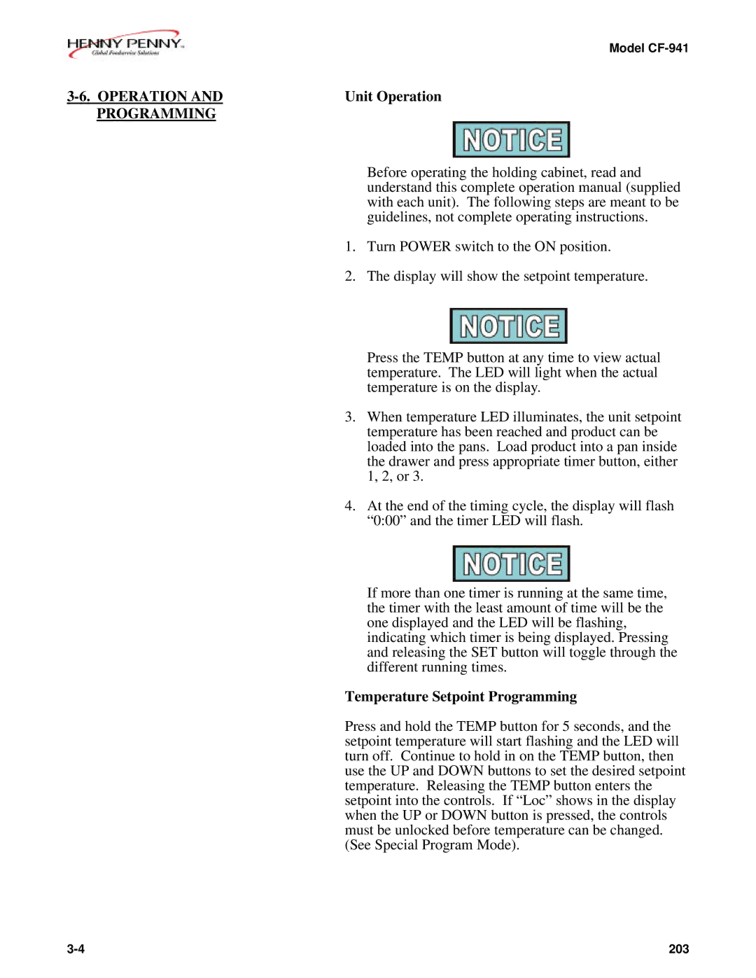 Henny Penny CF-941 manual Unit Operation, Temperature Setpoint Programming 