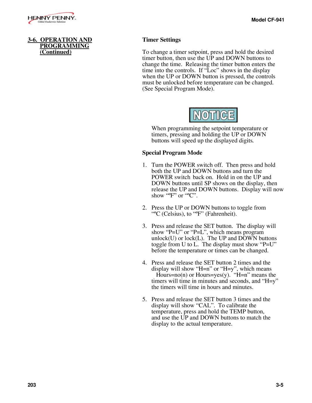 Henny Penny CF-941 manual Timer Settings, Special Program Mode 