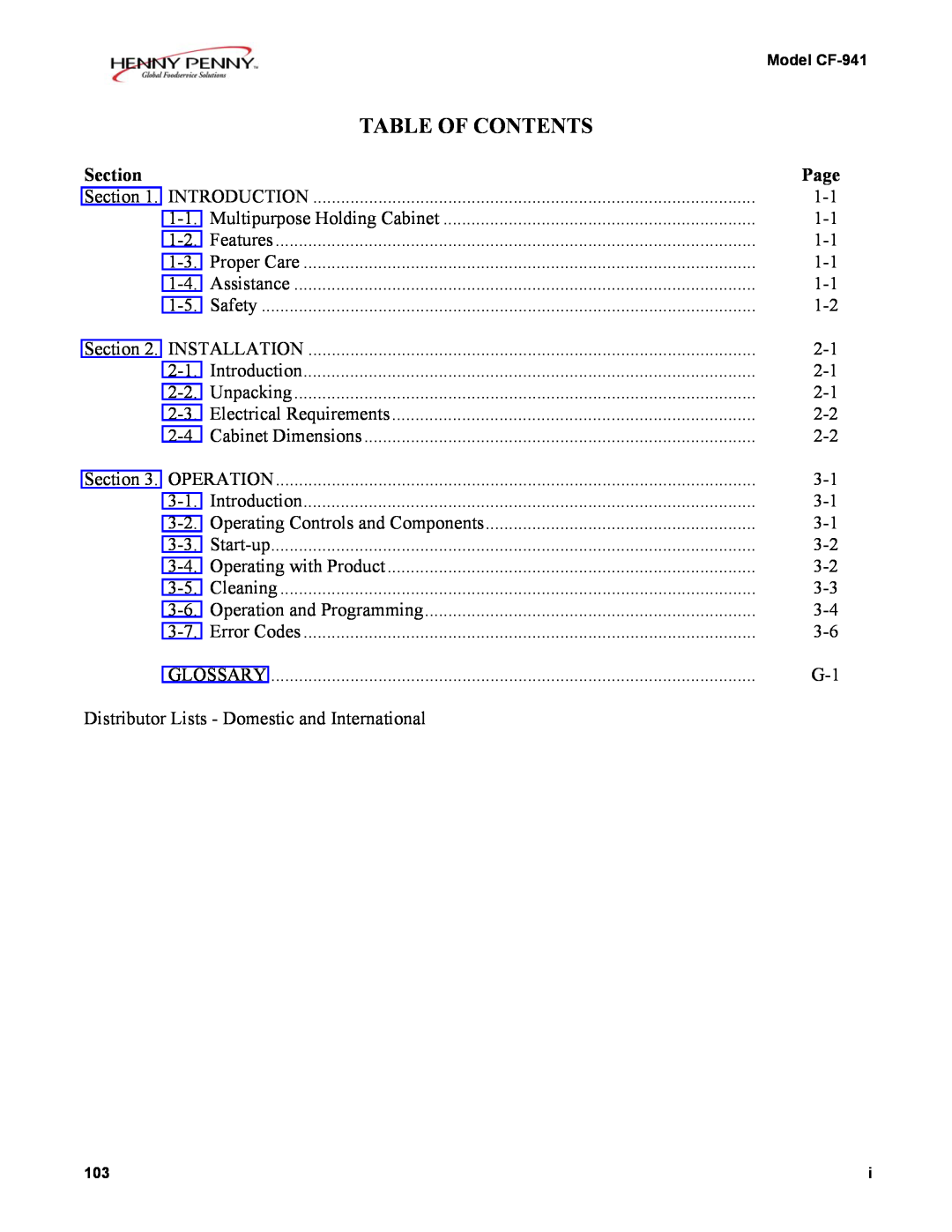 Henny Penny CF-941 warranty Table Of Contents, Section, Page 