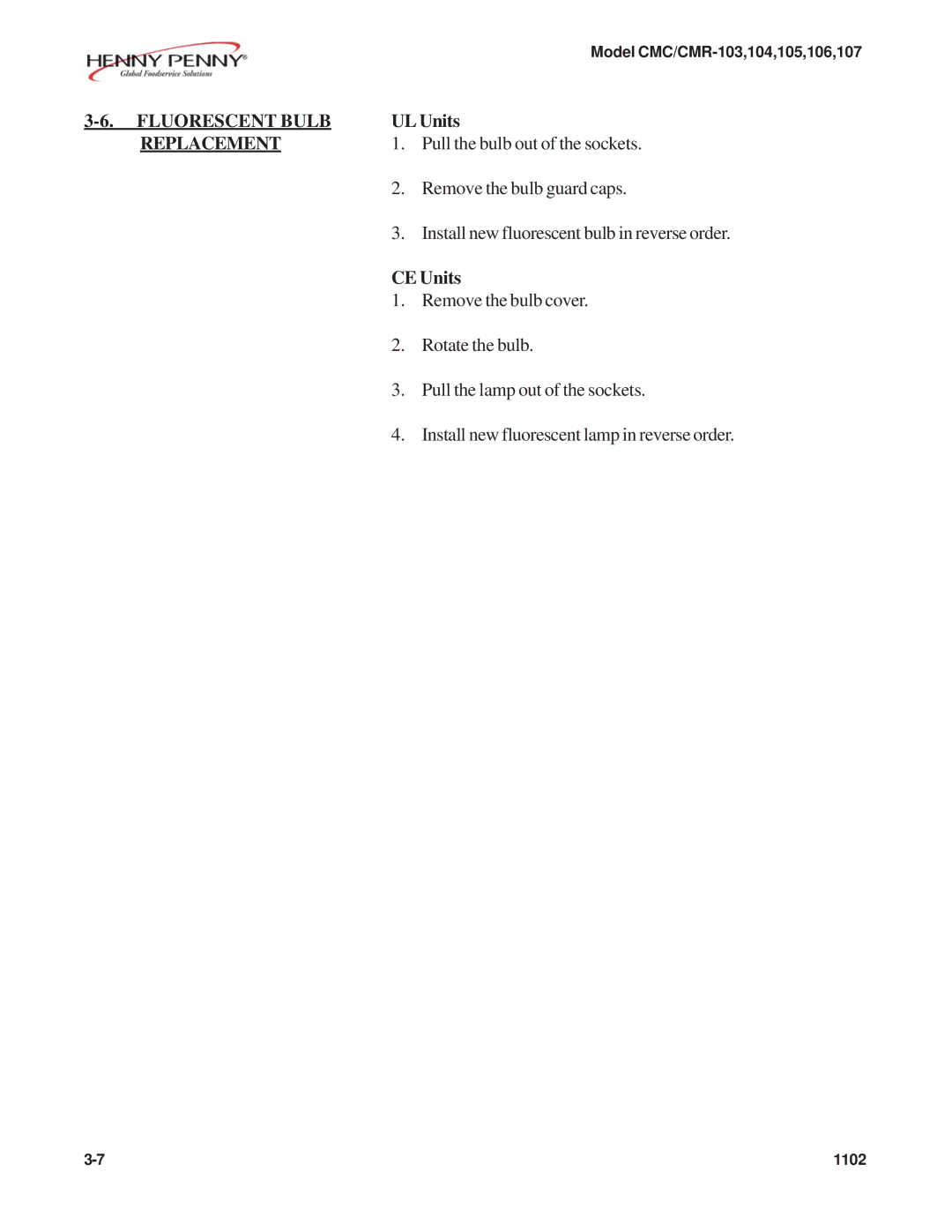 Henny Penny CMC/CMR-107, CMC/CMR-106, CMC/CMR-105, CMC/CMR-103, CMC/CMR-104 manual Fluorescent Bulb, Replacement 