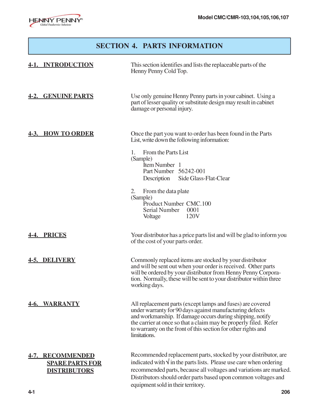 Henny Penny CMC/CMR-104, CMC/CMR-106, CMC/CMR-105, CMC/CMR-103, CMC/CMR-107 manual Parts Information 