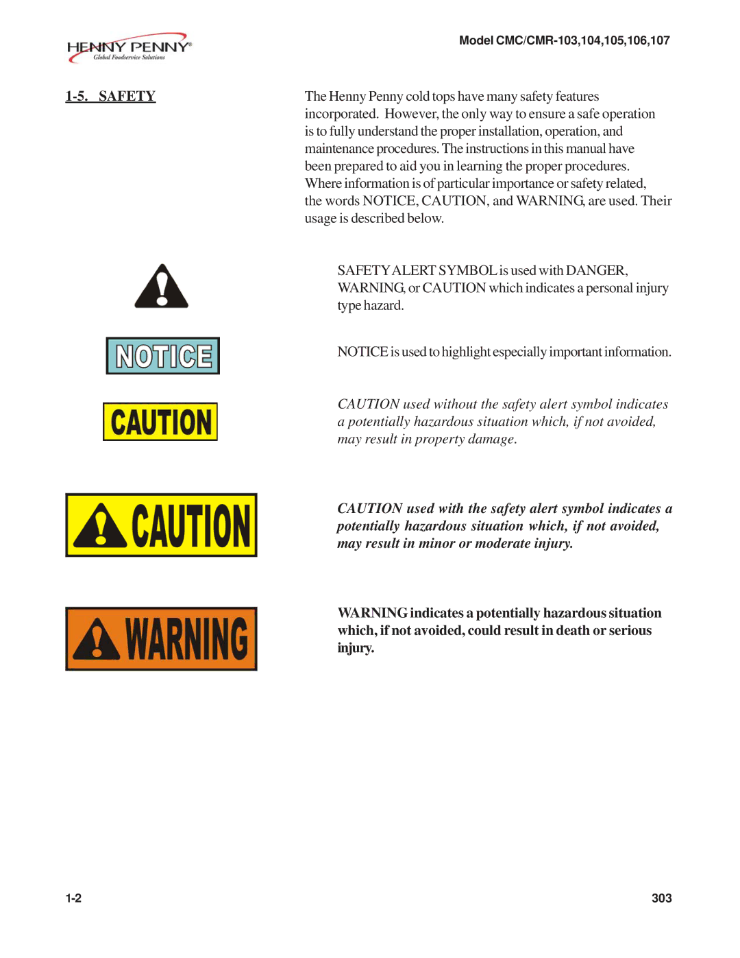 Henny Penny CMC/CMR-106, CMC/CMR-105, CMC/CMR-103 Safety, Which, if not avoided, could result in death or serious, Injury 