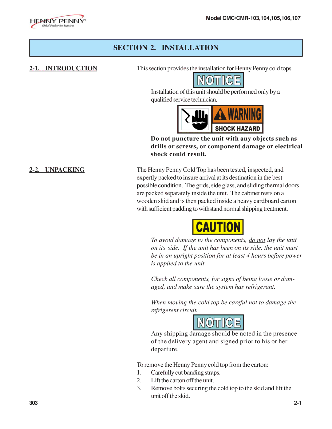 Henny Penny CMC/CMR-105, CMC/CMR-106, CMC/CMR-103, CMC/CMR-104, CMC/CMR-107 manual Installation, Introduction, Unpacking 