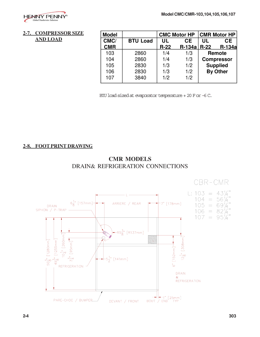 Henny Penny CMC/CMR-107, CMC/CMR-106, CMC/CMR-105, CMC/CMR-103 manual CMR Models, Compressor Size, Load, Foot Print Drawing 