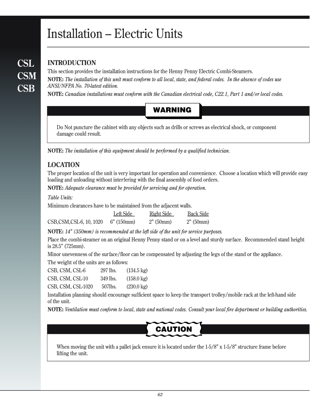 Henny Penny CSL, CSB, CSM installation instructions Introduction, Location 