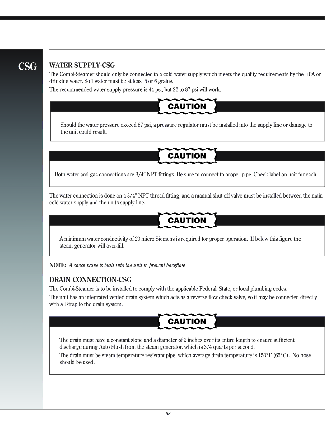 Henny Penny CSL, CSB, CSM installation instructions CSG Water SUPPLY-CSG, Drain CONNECTION-CSG 