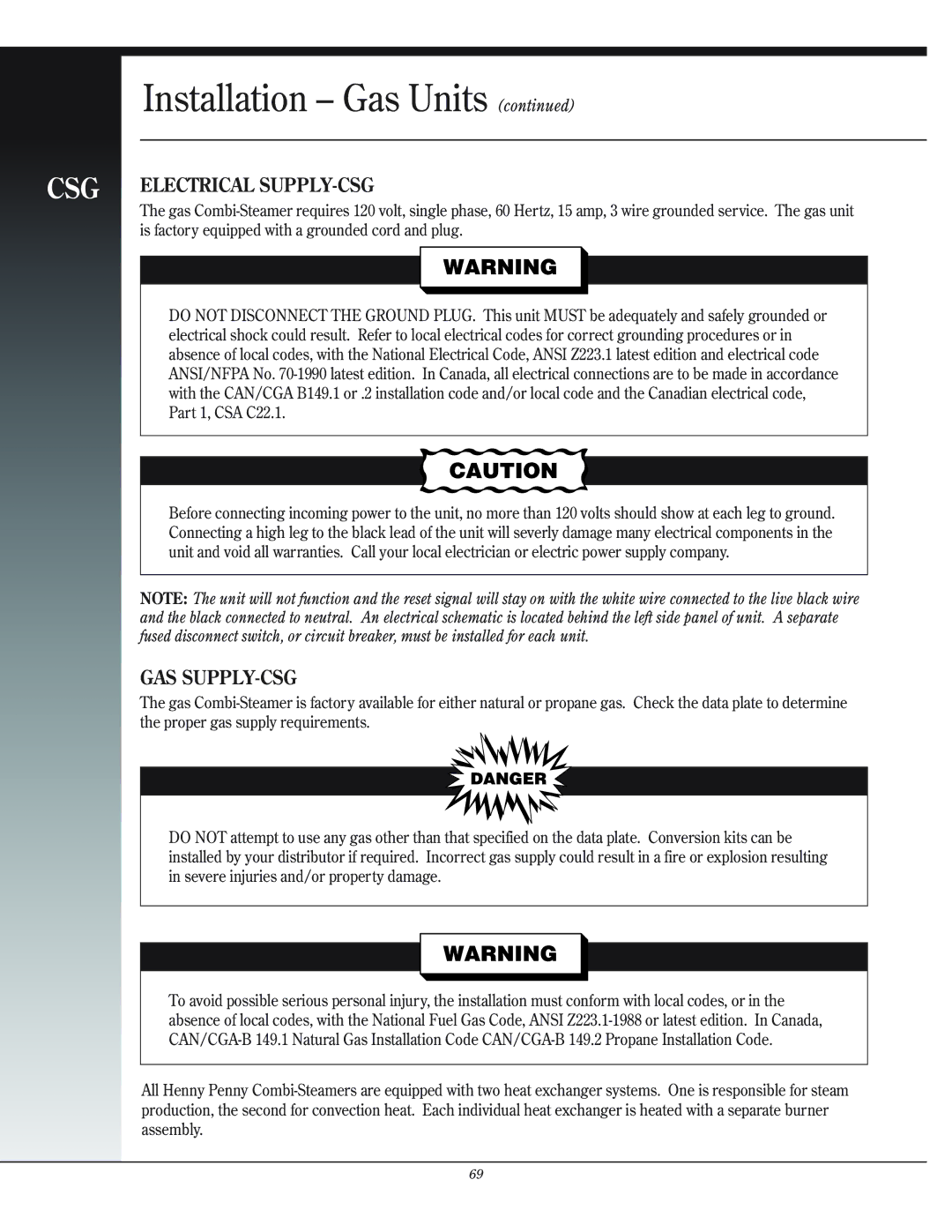 Henny Penny CSM, CSB, CSL installation instructions CSG Electrical SUPPLY-CSG, Gas Supply-Csg 