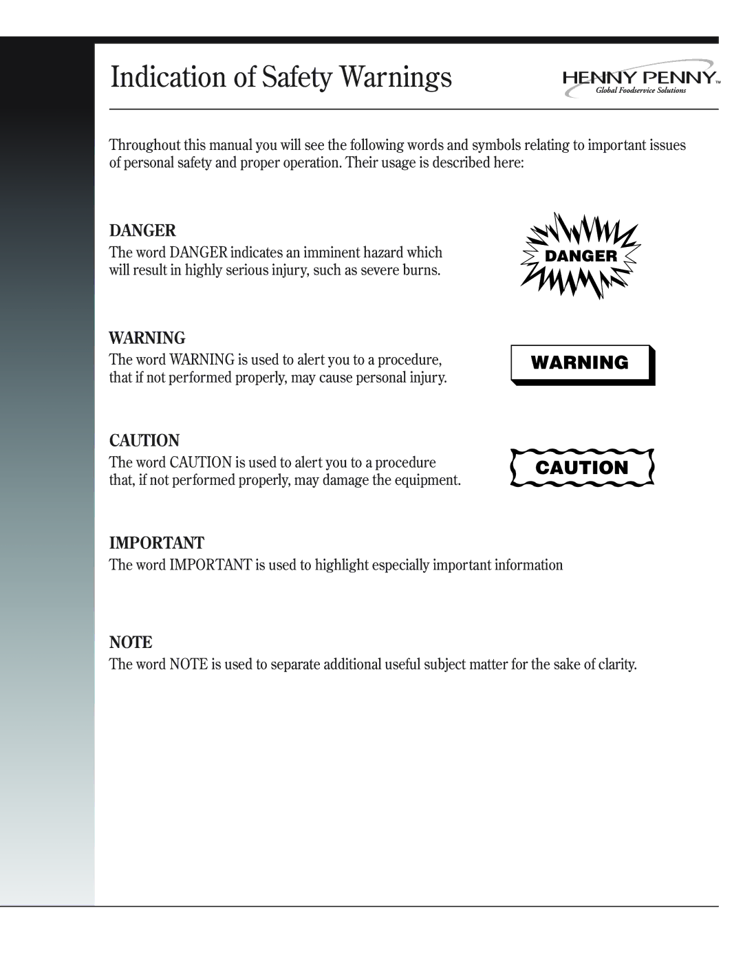 Henny Penny CSG manual Indication of Safety Warnings 