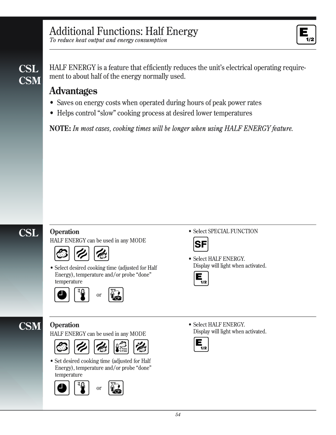 Henny Penny CSG manual Additional Functions Half Energy 