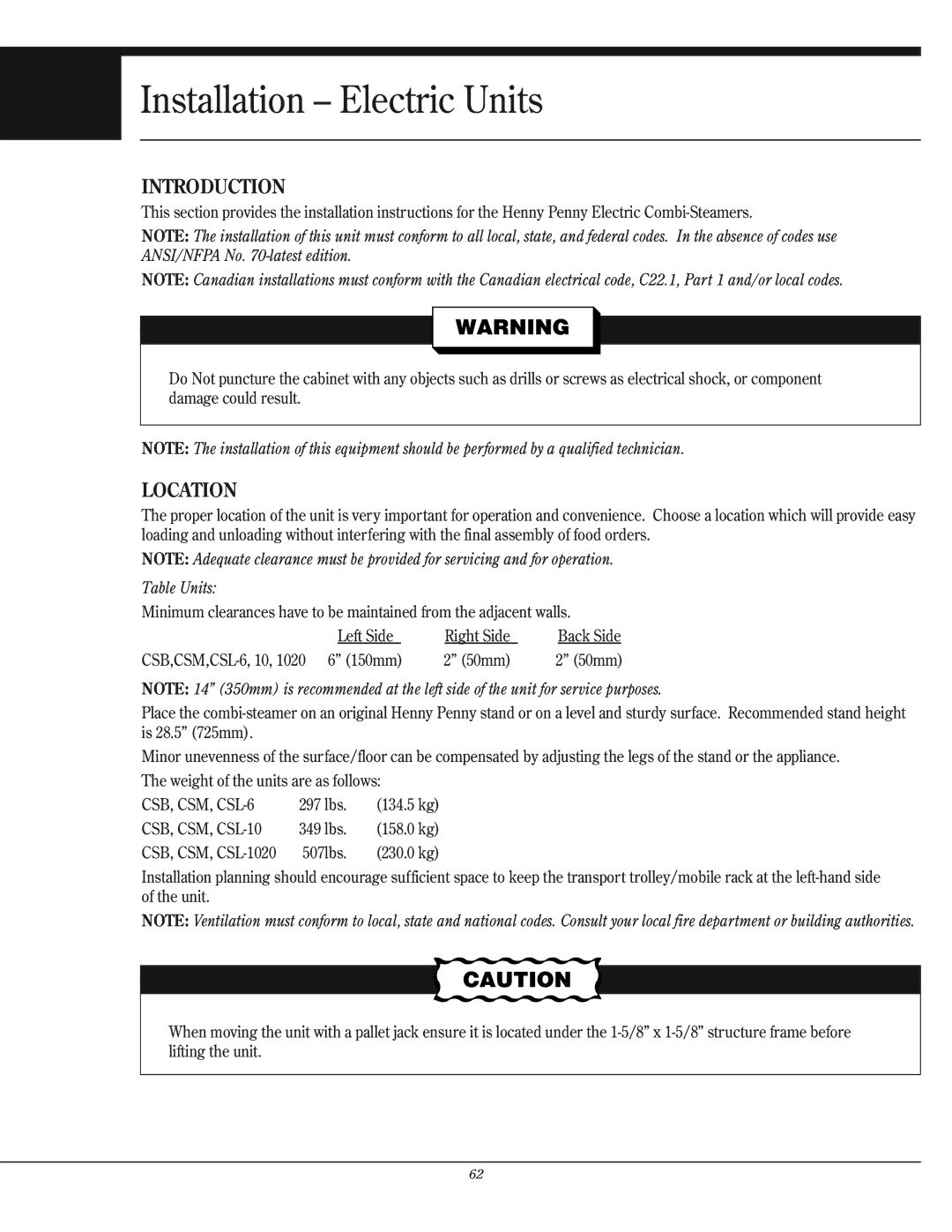 Henny Penny CSG manual Installation Electric Units, Introduction, Location 