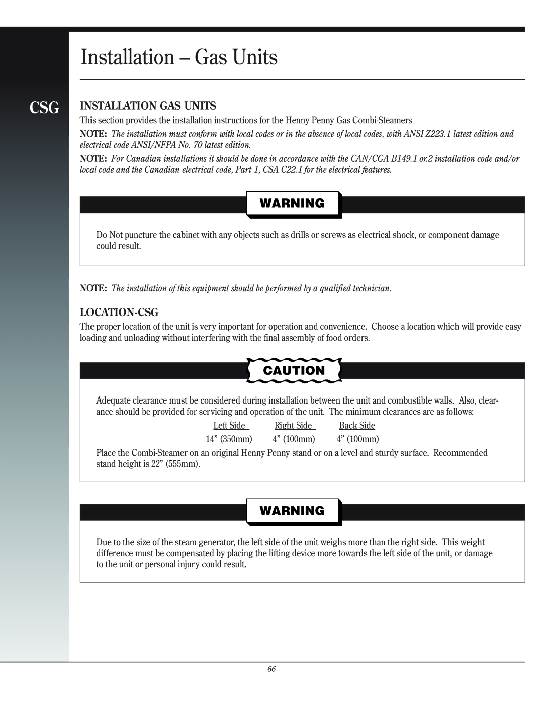 Henny Penny manual Installation Gas Units, CSG Installation GAS Units, Location-Csg 