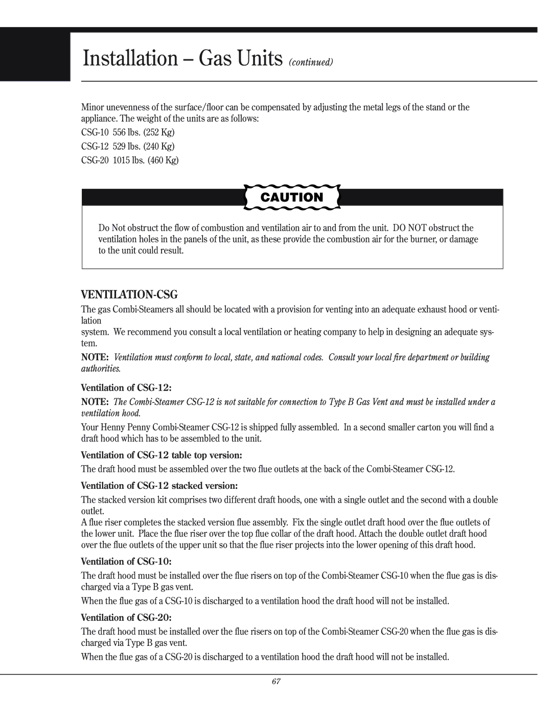 Henny Penny manual Ventilation-Csg, Ventilation of CSG-12 