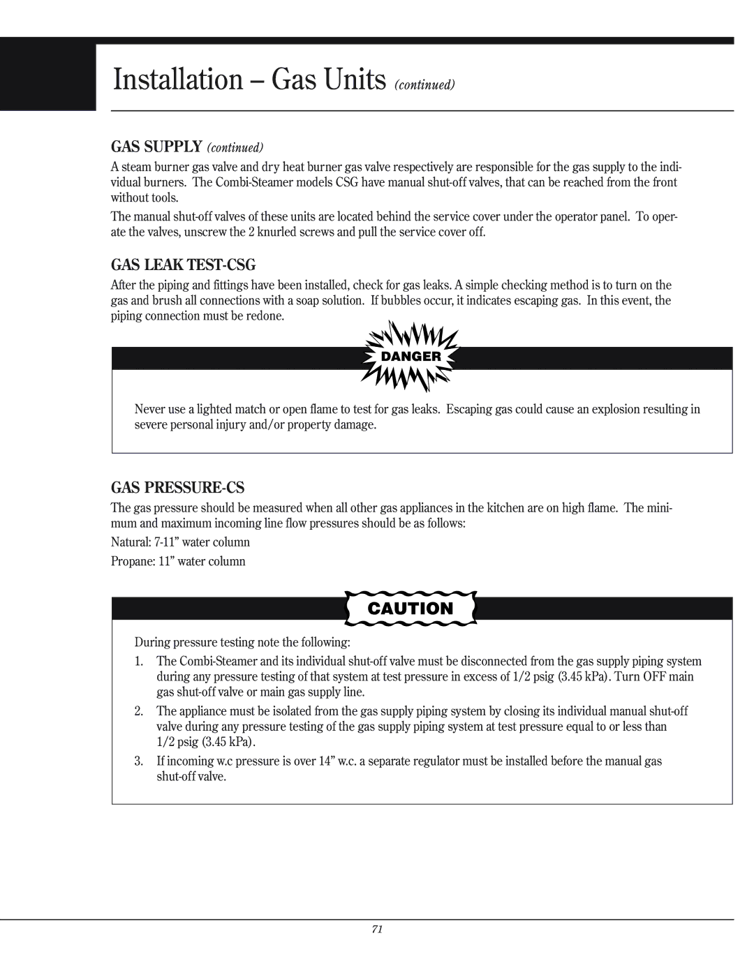 Henny Penny manual CSG GAS Supply, GAS Leak TEST-CSG, Gas Pressure-Cs 