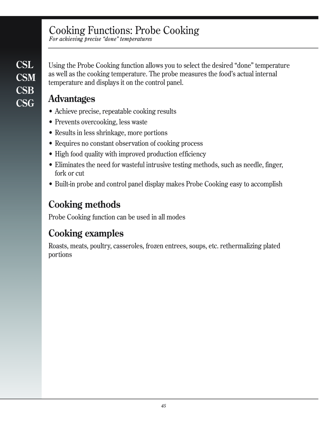 Henny Penny CSG manual Cooking Functions Probe Cooking, Advantages, Cooking methods, Cooking examples, Csl Csm Csb Csg 