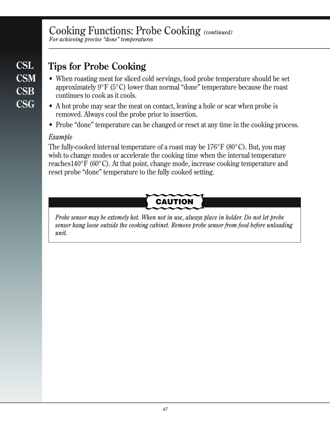 Henny Penny CSG manual Cooking Functions Probe Cooking continued, Tips for Probe Cooking, Example, Csl Csm Csb Csg 