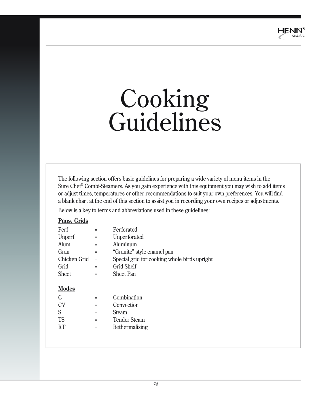 Henny Penny CSG manual Cooking Guidelines, Pans, Grids, Modes 