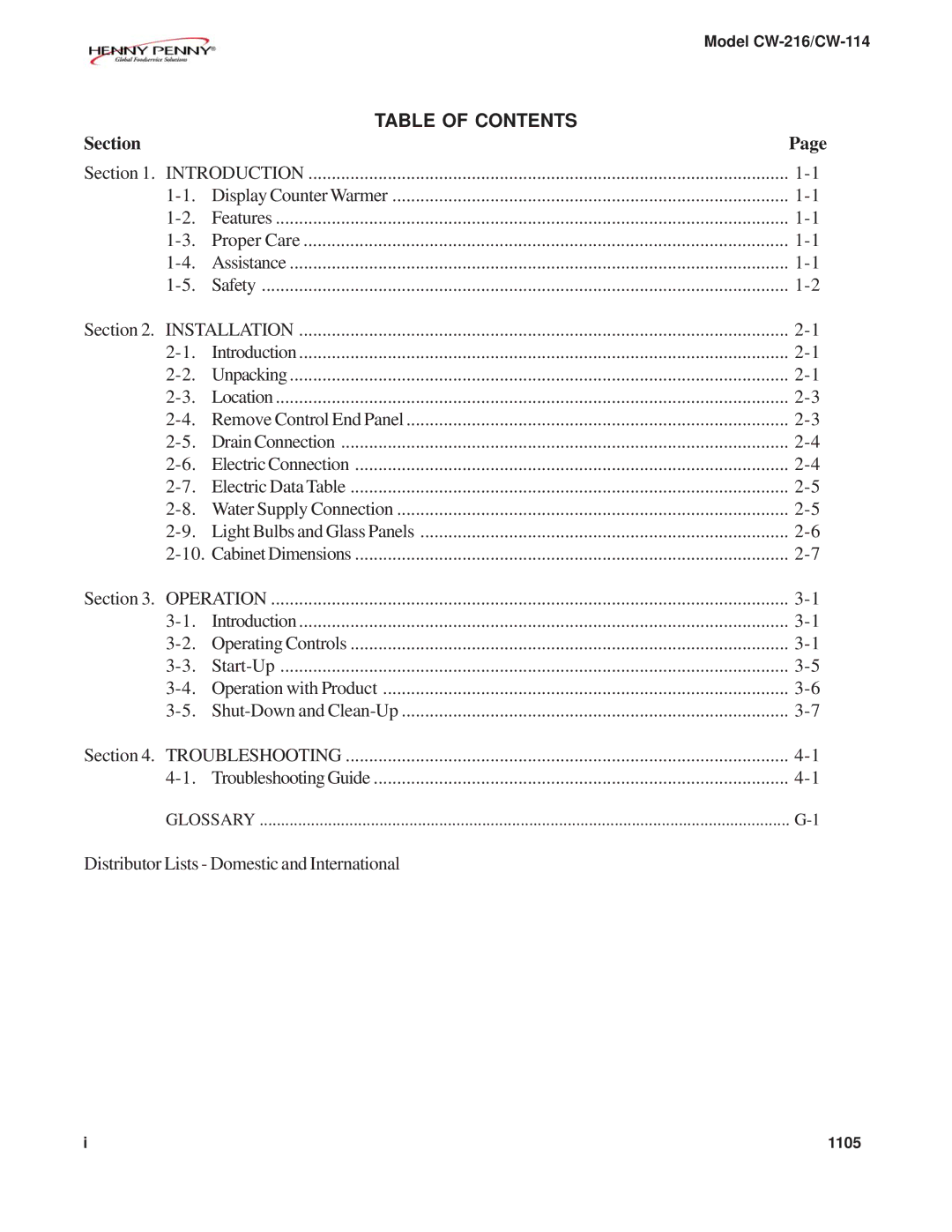 Henny Penny CW-114, CW-216 warranty Table of Contents 