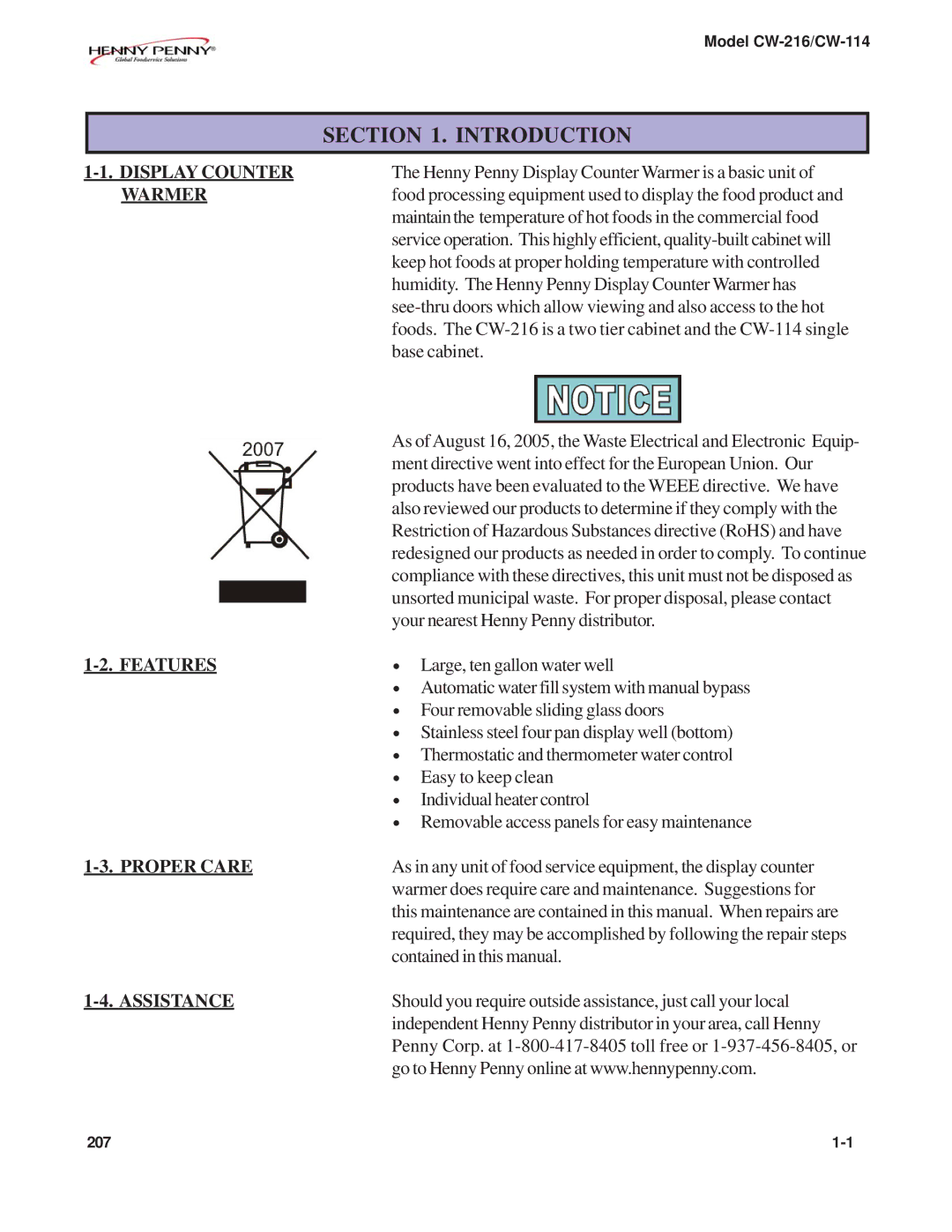 Henny Penny CW-216, CW-114 warranty Introduction 