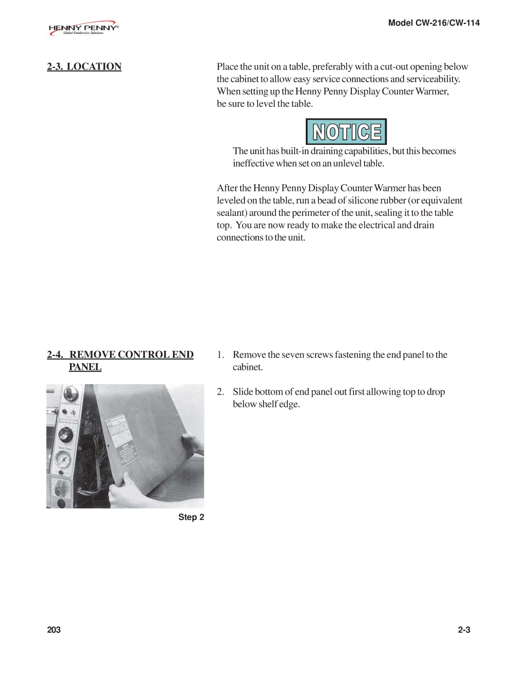 Henny Penny CW-216, CW-114 warranty Location, Remove Control END, Panel 
