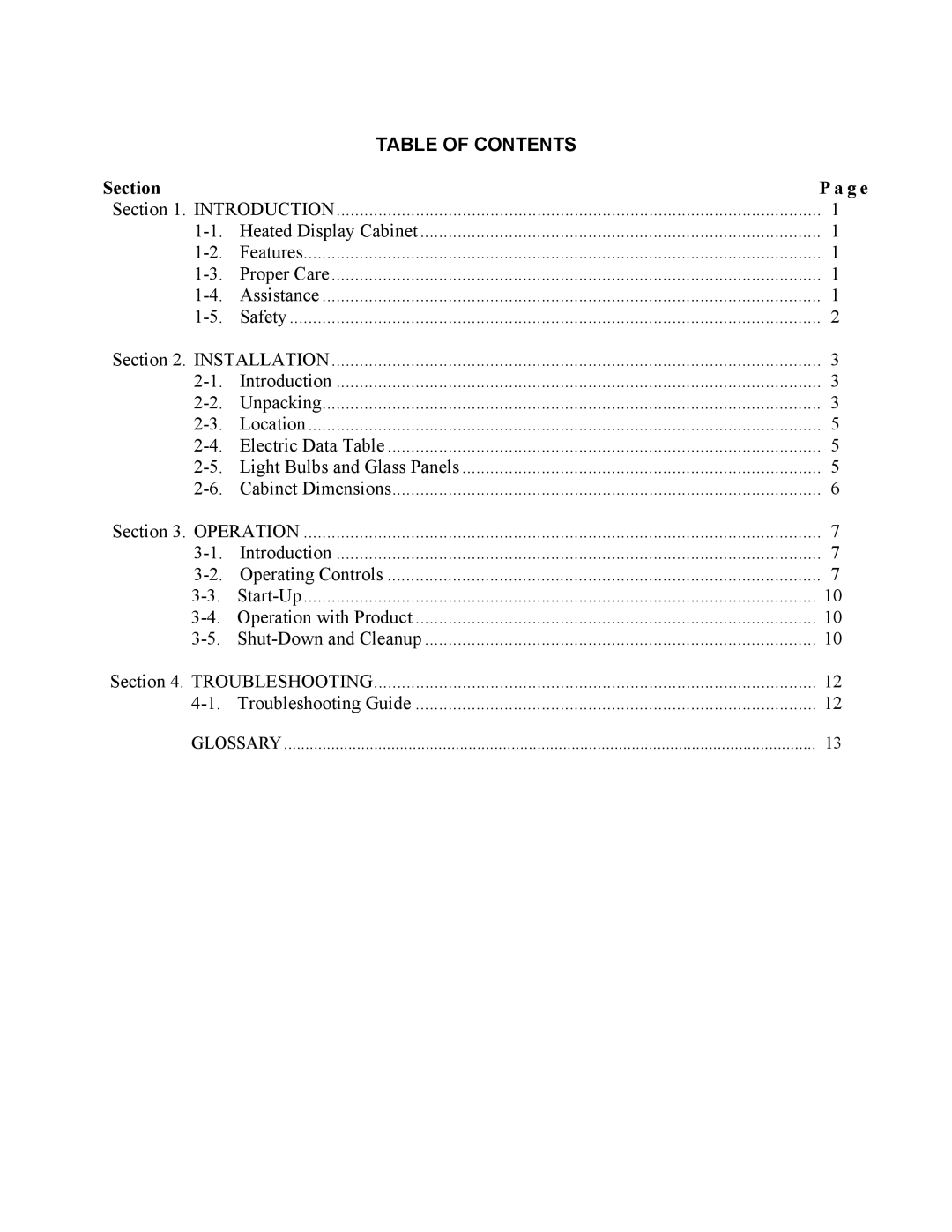 Henny Penny DCW-2 manual Table of Contents 