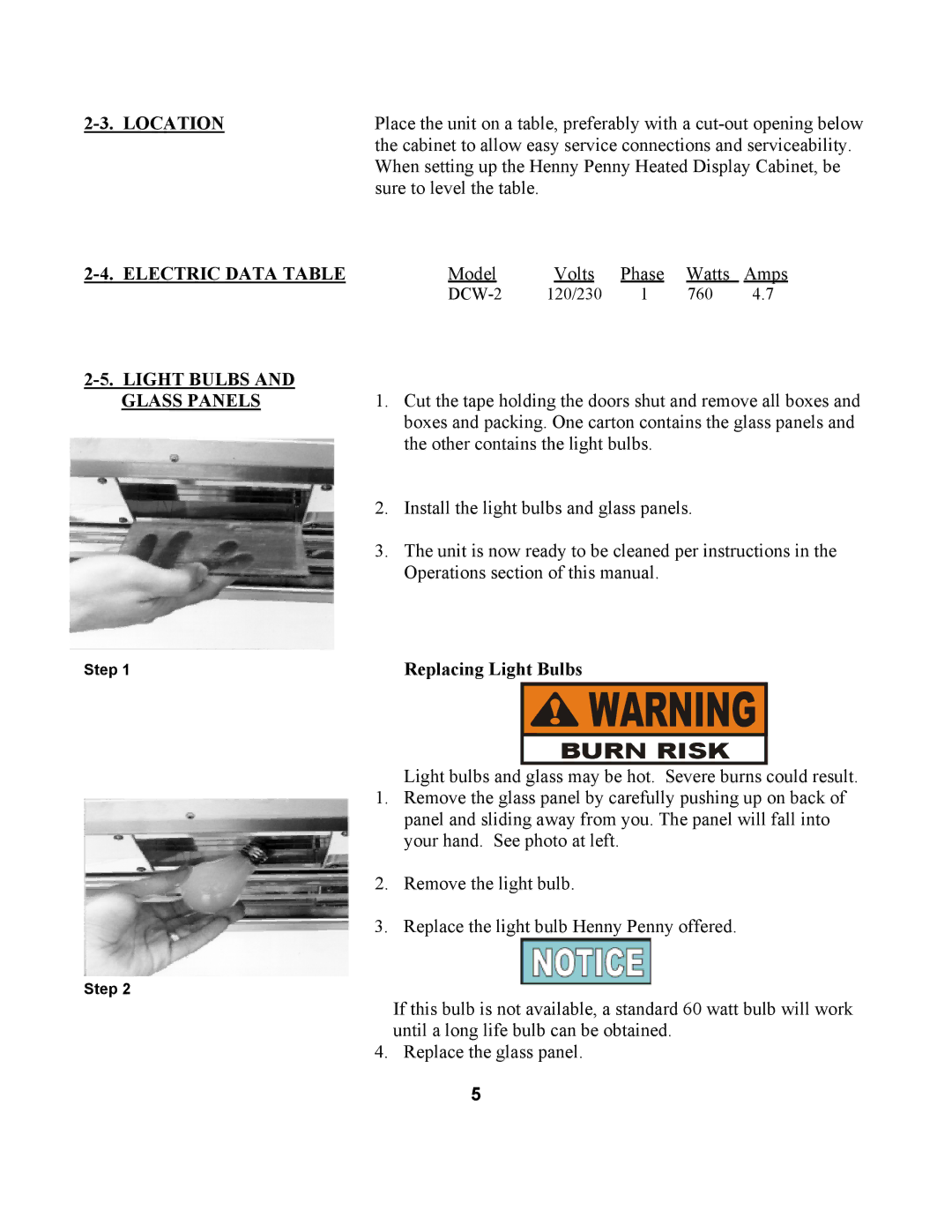 Henny Penny DCW-2 manual Location, Electric Data Table, Light Bulbs 