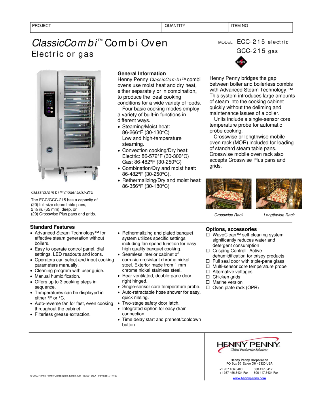 Henny Penny GCC-215, ECC-215 manual General Information, Standard Features, Options, accessories 