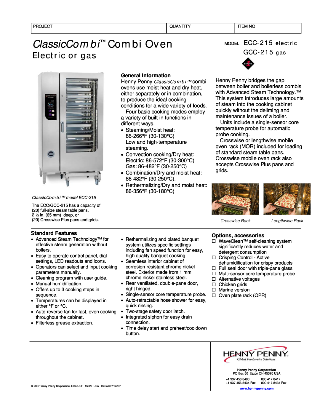 Henny Penny manual MODEL ECC-215 electric, GCC-215 gas, ClassicCombi Combi Oven, Electric or gas, General Information 