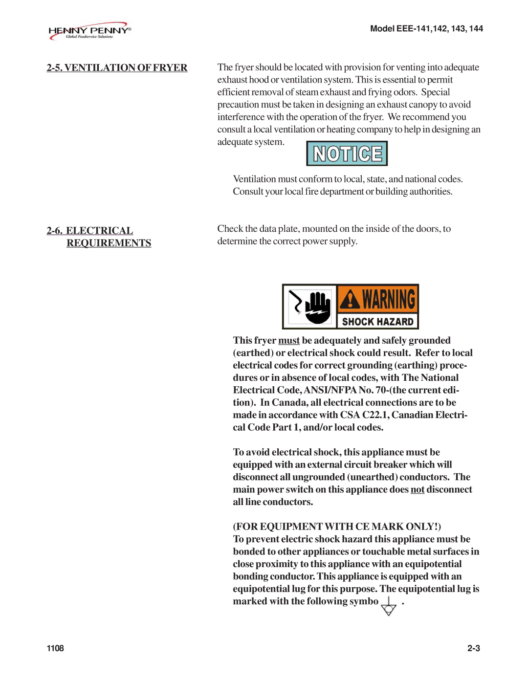Henny Penny EEE-142, EEE-141, EEE-144, EEE-143 Ventilation of Fryer Electrical Requirements, For Equipment with CE Mark only 
