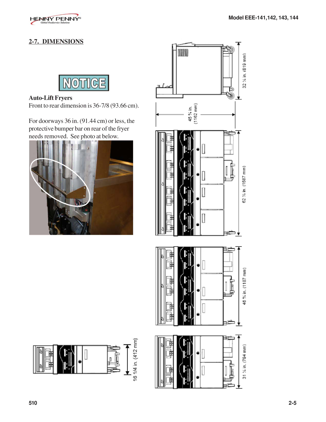Henny Penny EEE-144, EEE-141, EEE-143, EEE-142 warranty Dimensions, Auto-Lift Fryers 